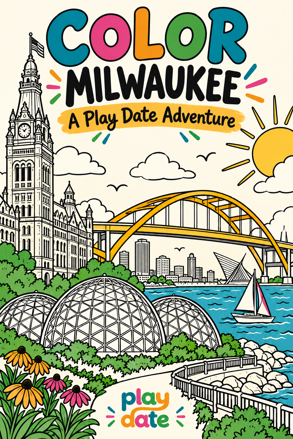 Color Milwaukee coloring book cover featuring Milwaukee landmarks