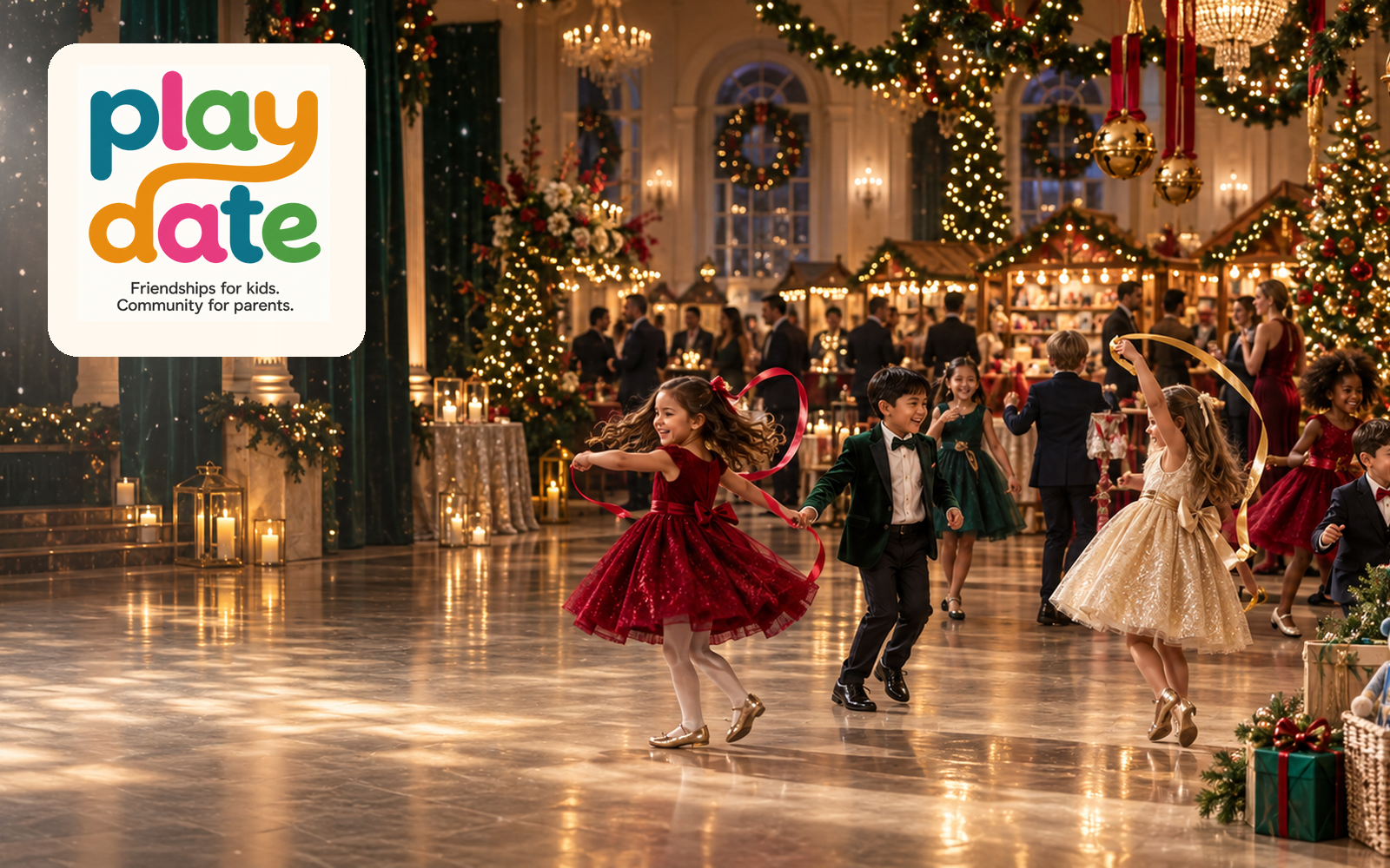 Children dancing in festive clothes at an elegant holiday celebration with families, gifts, and a merry marketplace.